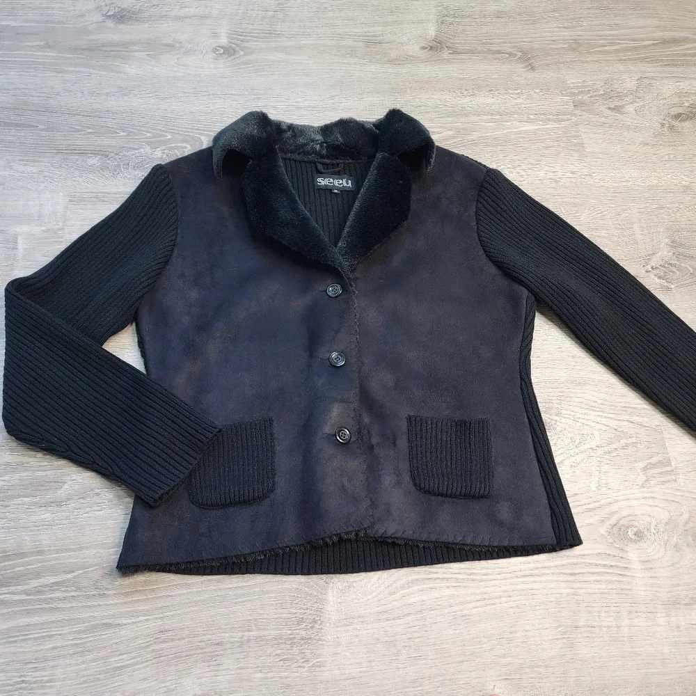 SEEU Black Ribbed Knit Faux Fur Button Down Sweater Jacket - Picture 2 of 16